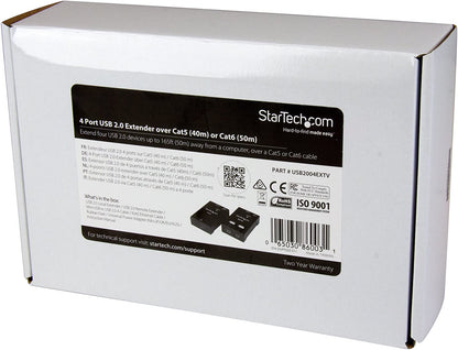 StarTech.com 4-Port USB 2.0 Extender - 165ft (50m) USB Over Cat5/Cat6 Extender - Compact USB 2.0 Over Ethernet Extender (USB2004EXTV) 4 Port (USB 2.0) 130 or 165 ft