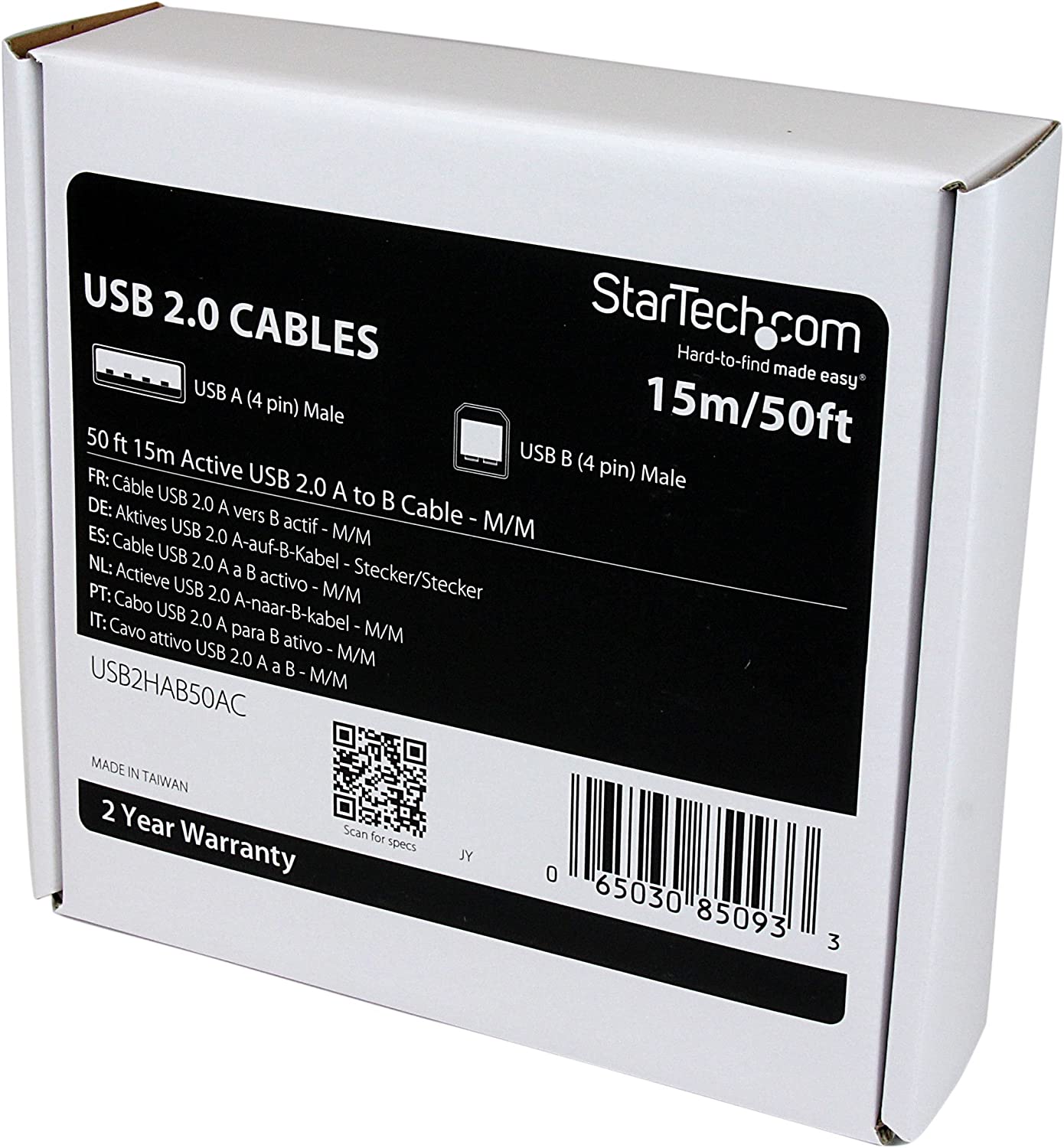 StarTech.com 15m / 50 ft Active USB 2.0 A to B Cable - Long 15 m USB Cable - 50 ft USB Printer Cable - 1x USB A (M), 1x USB B (M) - Black (USB2HAB50AC) 50 ft/15 m