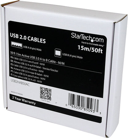 StarTech.com 15m / 50 ft Active USB 2.0 A to B Cable - Long 15 m USB Cable - 50 ft USB Printer Cable - 1x USB A (M), 1x USB B (M) - Black (USB2HAB50AC) 50 ft/15 m