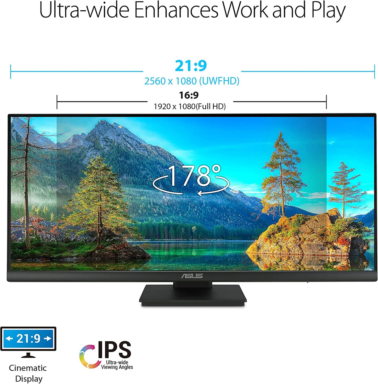 ASUS 29” 1080P Ultrawide HDR Monitor (VP299CL) - 21:9 (2560 x 1080), IPS, 75Hz, 1ms, USB-C w/ 15W Power Delivery, FreeSync, Eye Care Plus, HDR-10, VESA Mountable, HDMI, DisplayPort, Height Adjustable 29” IPS 1ms FHD 21:9 HDR USB-C Power Delivery Monitor