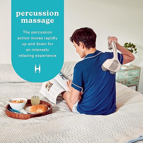 HoMedics Percussion Action Massager with Heat | Adjustable Intensity, Dual Pivoting Heads | 2 Sets Interchangeable Nodes, Heated Muscle Kneading for Back, Shoulders, Feet, Legs, & Neck 17.13x5.51 Inch (Pack of 1) Beige
