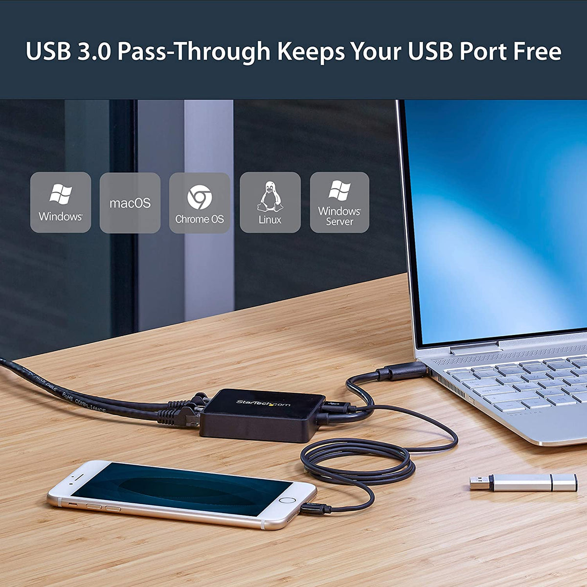 StarTech.com USB 3.0 to Dual Port Gigabit Ethernet Adapter w/USB Port - 10/100/100 - USB Gigabit LAN Network NIC Adapter (USB32000SPT) Black Black