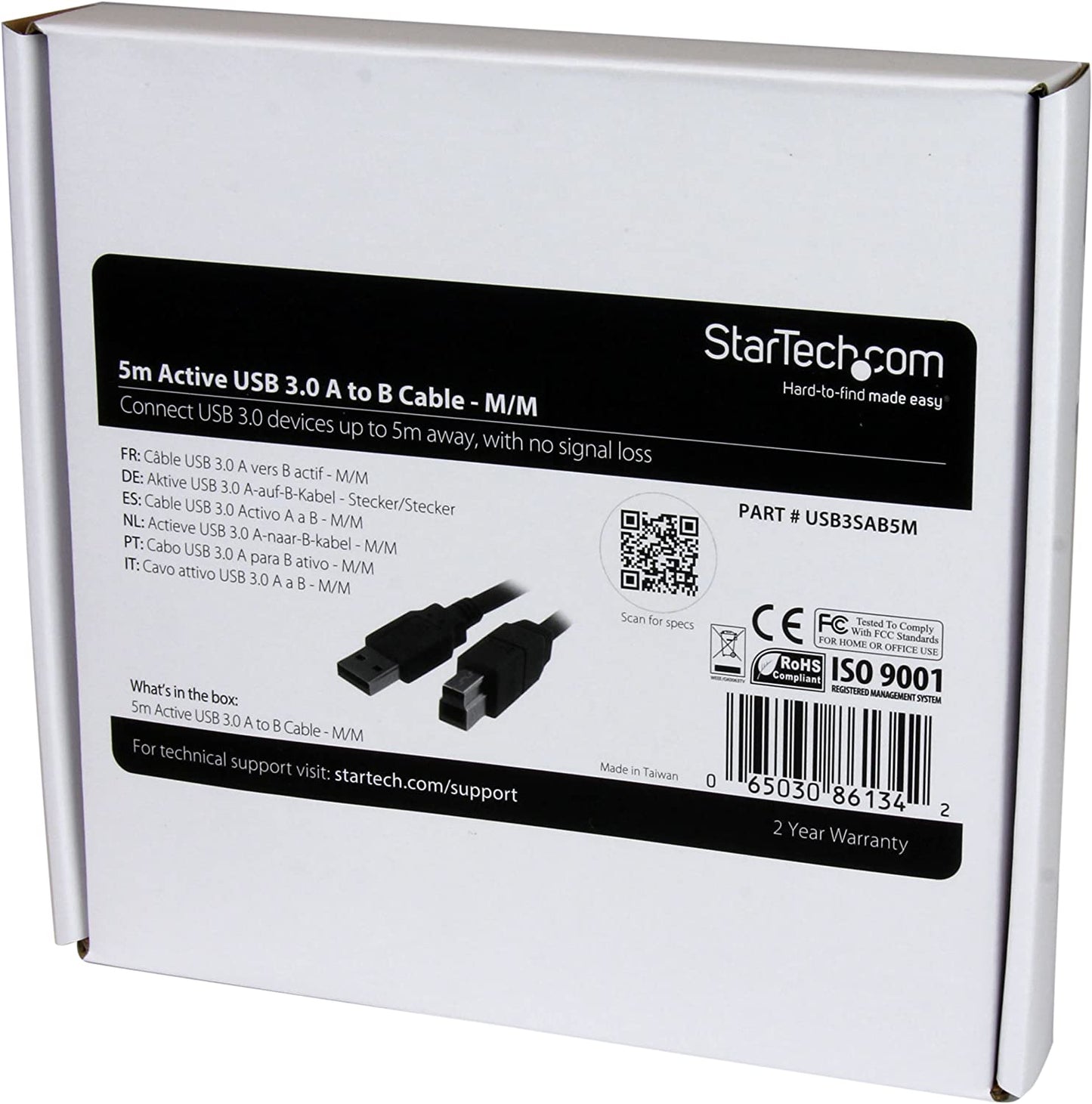 StarTech.com 5m 15 ft Active USB 3.0 USB-A to USB-B Cable - M/M - USB A to B Cable - USB 3.1 Gen 1 (5 Gbps) (USB3SAB5M) , Black