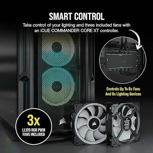 Corsair iCUE 5000T RGB Mid-Tower ATX PC Case (208 Individually Addressable RGB LEDs, Fits Multiple 360mm Radiators, Three CORSAIR LL120 RGB Fans & Commander CORE XT Controller Included) Black