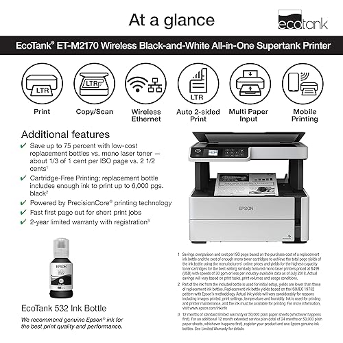Epson EcoTank ET-M2170 Wireless Monochrome All-in-One Supertank Printer, Plus Ethernet, White White Regular