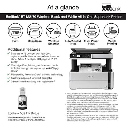 Epson EcoTank ET-M2170 Wireless Monochrome All-in-One Supertank Printer, Plus Ethernet, White White Regular