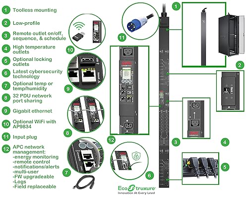 APC NetShelter Switched Rack PDU, 9000 Series, APDU9966, 0U Vertical, 208V, 60A, 3Phase, Input Plug IEC 309 60A 3P+PE, 6.5' Cord