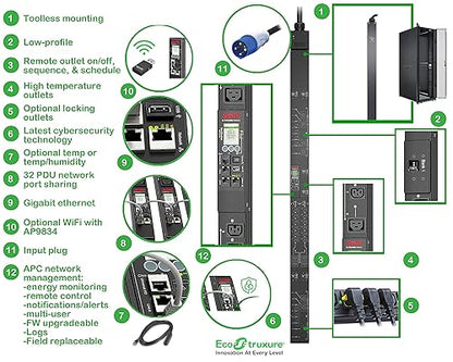 APC NetShelter Switched Rack PDU, 9000 Series, APDU9966, 0U Vertical, 208V, 60A, 3Phase, Input Plug IEC 309 60A 3P+PE, 6.5' Cord