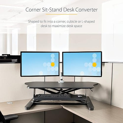 StarTech.com Corner Sit Stand Desk Converter with Keyboard Tray - Large Surface (35 x 21) - Height Adjustable Ergonomic Desktop/Tabletop Standing Workstation - Supports Dual Monitors (ARMSTSCORNR) Corner Desk