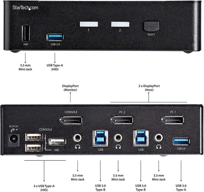 StarTech.com 2 Port DisplayPort KVM Switch - 4K 60Hz - Single Display - Dual Port UHD DP 1.2 USB KVM Switch with Integrated USB 3.0 Hub &amp; Audio - Dell HP Apple Lenovo - TAA Compliant (SV231DPU34K)