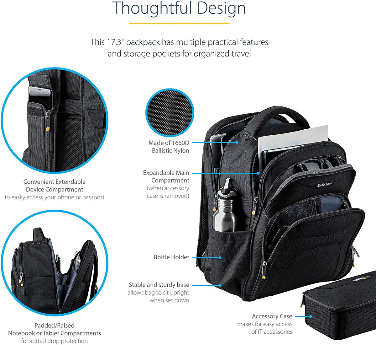 StarTech.com 15.6" Laptop Backpack with Removable Accessory Case - Professional IT Tech Backpack for Work/Travel/Commute - Durable Ergonomic Computer Bag - Nylon - Notebook/Tablet Pockets (NTBKBAG156)