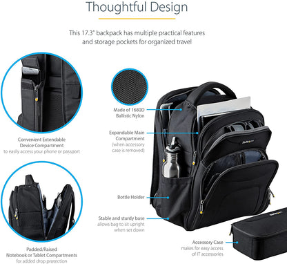 StarTech.com 17.3" Laptop Backpack with Removable Accessory Case - Professional IT Tech Backpack for Work/Travel/Commute - Durable Ergonomic Computer Bag - Nylon - Notebook/Tablet Pockets (NTBKBAG173)