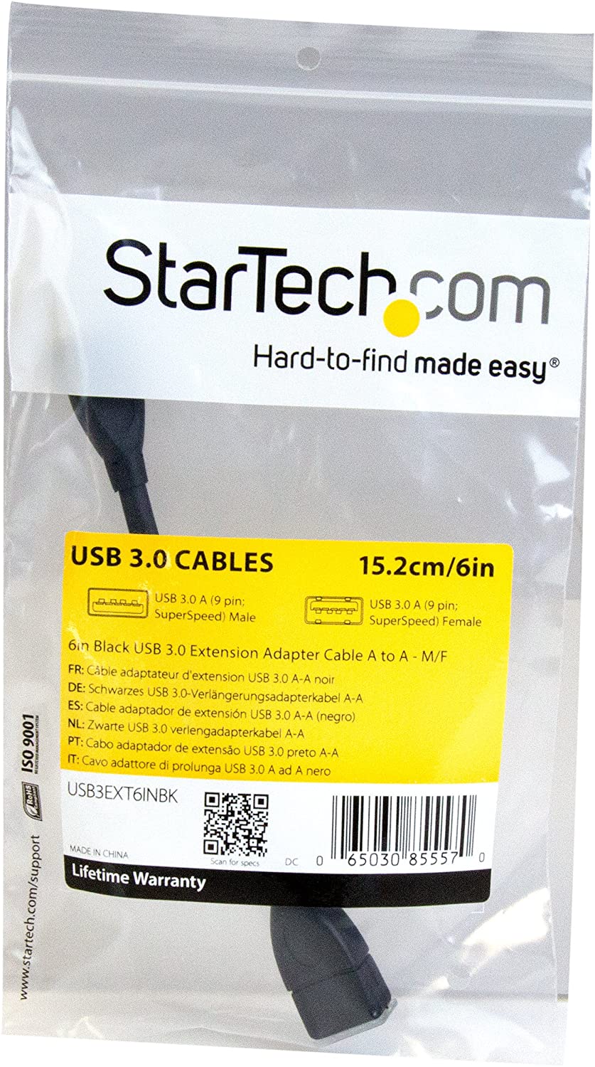 StarTech.com 6in Short USB 3.0 Extension Adapter Cable (USB-A Male to USB-A Female) - USB 3.1 Gen 1 (5Gbps) Port Saver Cable - Black (USB3EXT6INBK) 0.5 ft Black
