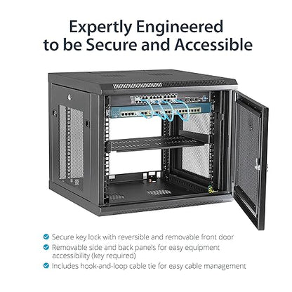 StarTech.com 4-Post 9U Wall Mount Network Cabinet w/ 1U Shelf, 19 Wall-Mounted Server Rack for IT / Data Computer Equipment Depth (2 to 19) Cabinet