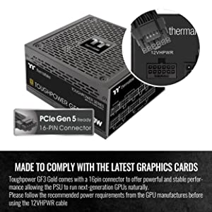 Thermaltake Toughpower GF3 1000W 80+ Gold Full Modular SLI/Crossfire Ready ATX 3.0 Standard Power Supply, PCIe Gen.5 12VHPWR Connector Included, PS-TPD-1000FNFAGU-4, 10 Year Warranty Black 1000W GF3 ATX3.0