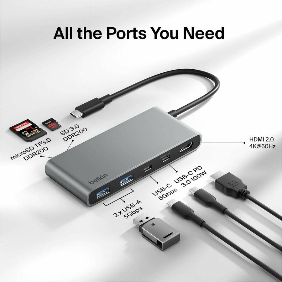 Belkin 7-Port USB-C Hub USB-C to 2xUSB-A, 2xUSB-C, 1x4K HDMI, 1xSD + 1xMicroSD Reader Black Model AVC023FQSGY