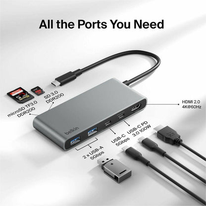 Belkin 7-Port USB-C Hub USB-C to 2xUSB-A, 2xUSB-C, 1x4K HDMI, 1xSD + 1xMicroSD Reader Black Model AVC023FQSGY