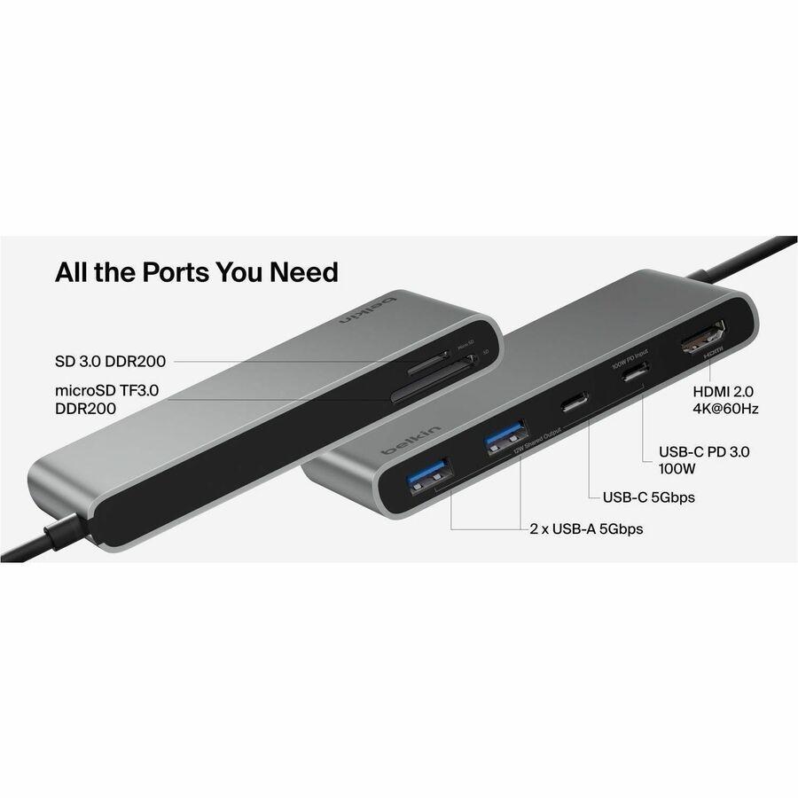 Belkin 7-Port USB-C Hub USB-C to 2xUSB-A, 2xUSB-C, 1x4K HDMI, 1xSD + 1xMicroSD Reader Black Model AVC023FQSGY