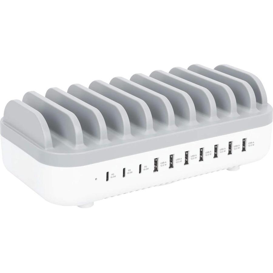 Manhattan 10-Port USB Charging Station - 120 W - 120 W - 120 V AC, 230 V AC Input - 5 V DC/3 A, 9 V DC, 12 V DC Output - White, Gray