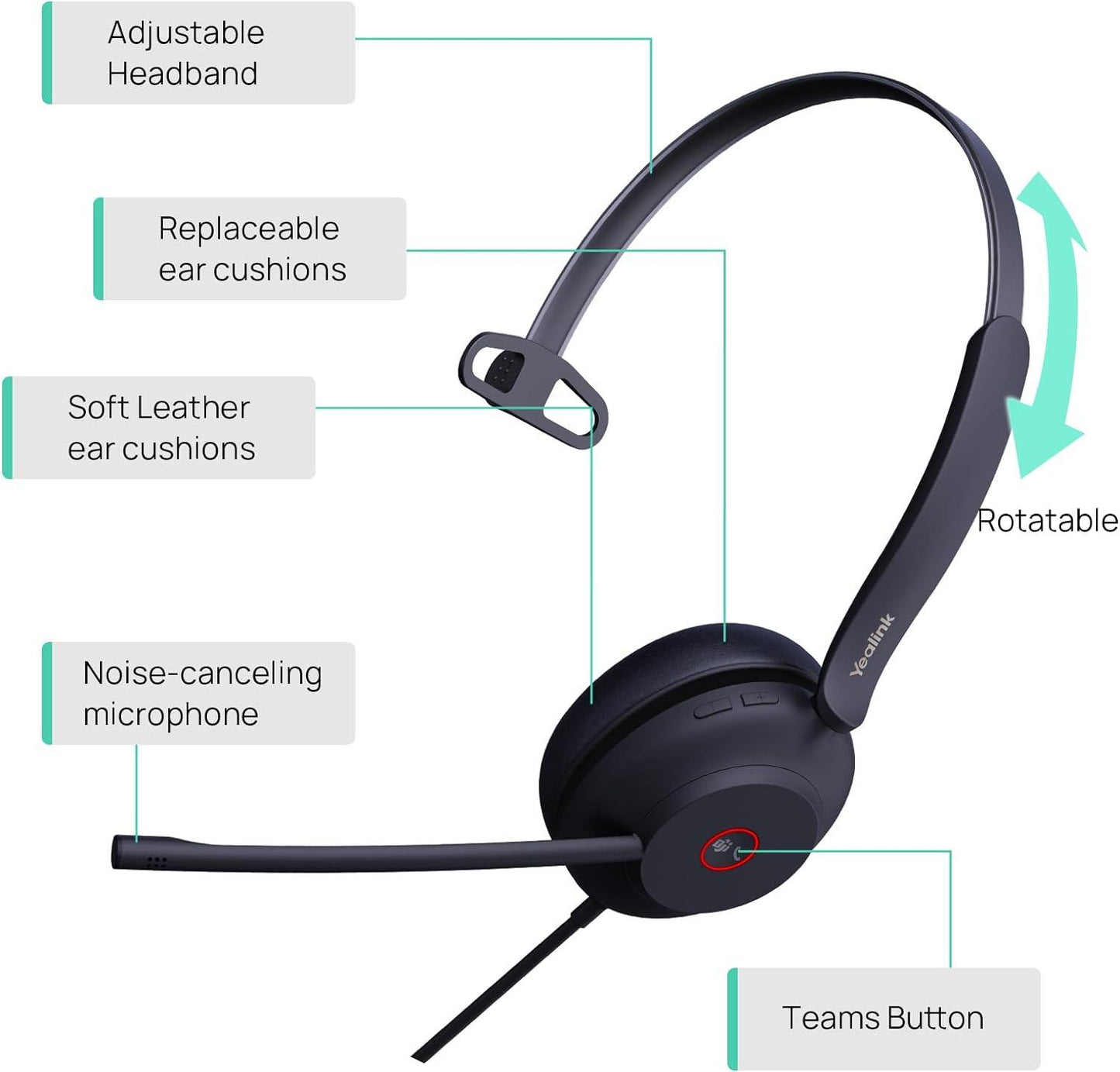 Yealink 1308103 UH37 Mono Teams USB Headset with Microphone for PC Laptop Noise Cancelling , VoIP Skype MS Teams Online