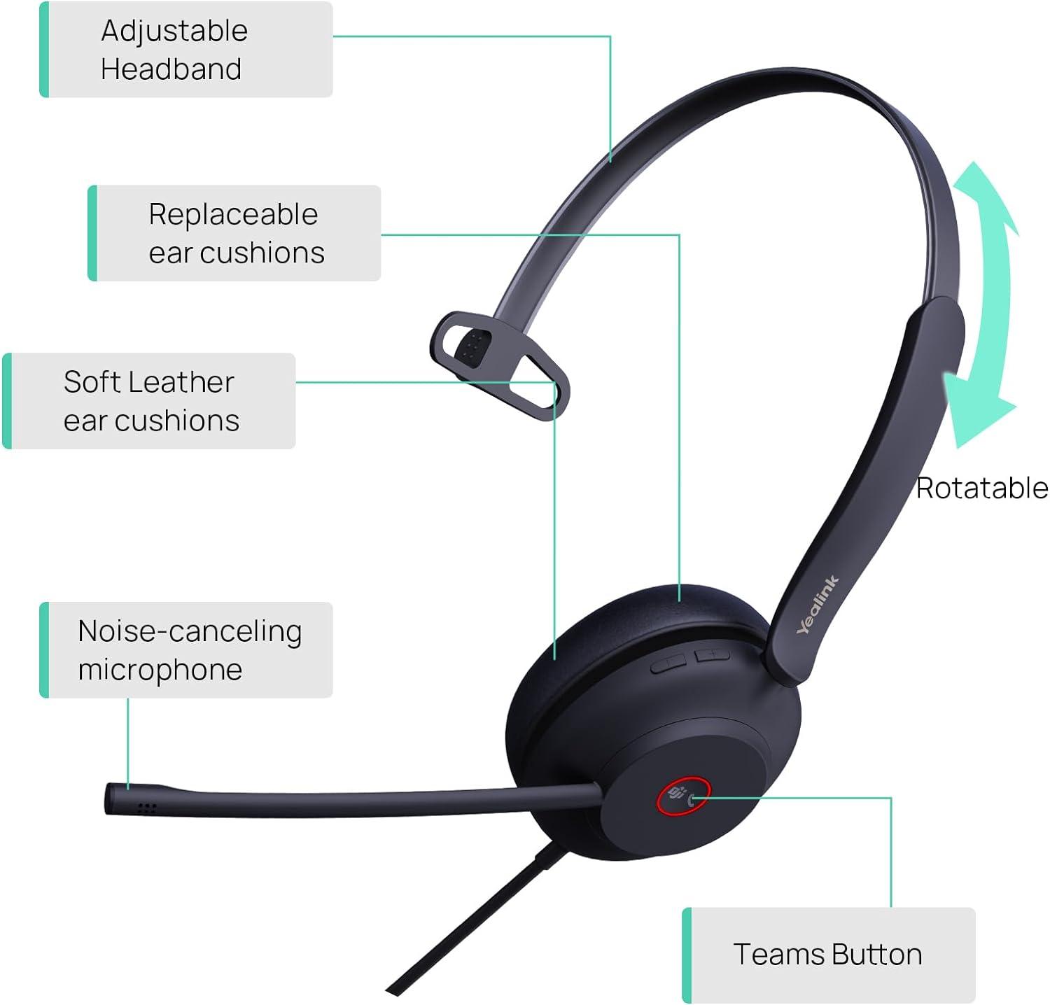Yealink 1308103 UH37 Mono Teams USB Headset with Microphone for PC Laptop Noise Cancelling , VoIP Skype MS Teams Online