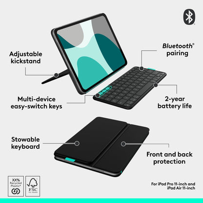 Logitech Flip Folio, Keyboard Case for iPad Pro 11-inch (M4) & iPad Air 11-inch (M2 & M3)(5th Gen - 2024) - Protective & Stowable Bluetooth Keyboard Case, Multi-Device - Midnight Black