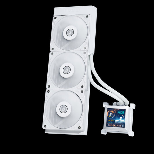 Lian Li Hydroshift 360 AIO- Pre-installed 3 x 28MM fans - Side-mounted coolant pathway - 2.88” LCD Screen - 480 × 480 Resolution - Captured screenshots or recorded videos Shift AIO -White (HSLCD36SW)