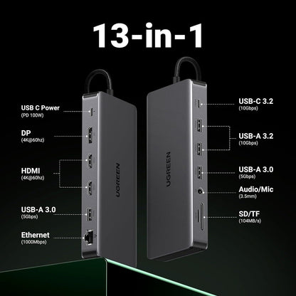 UGREEN Revodok Pro 313 Laptop Docking Station 13 in 1 4K Triple Display USB C Dock Dual HDMI, DP, 10Gbps Data Port 100W PD 1000Mbps Ethernet, SD/TF Card Reader