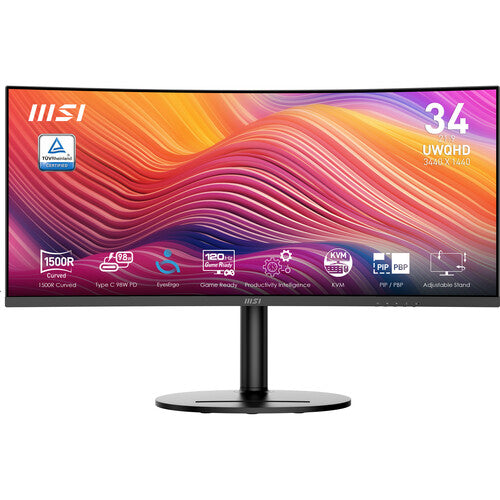 MSI Modern MD342CQP 34 in VA 3440 x 1440(UWQHD) Computer Monitor, 120Hz, 1800 Curved, Adaptive-Sync, HDMI, DP, USBC 98W Power Delivery, KVM, Height Adjustable, VESA, Speaker, 1ms, Black