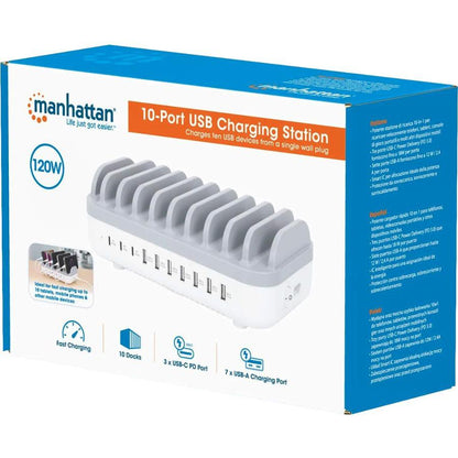 Manhattan 10-Port USB Charging Station - 120 W - 120 W - 120 V AC, 230 V AC Input - 5 V DC/3 A, 9 V DC, 12 V DC Output - White, Gray
