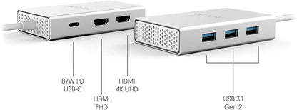 Accell Air USB C 4K InstantView Hub Dual Display HDMI - 3 x USB-A 3.1 (10Gbps), 2 x HDMI, 87W Power Delivery Type-C, Silver (U240B-002K) - Dealtargets.com