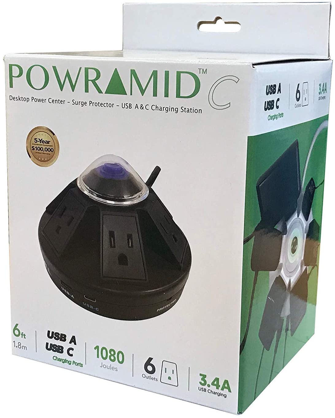 Accell Powramid USB-C Surge Protector - USB-C &amp; USB-A Charging Ports (3.4A), 6 Outlets, 6-Foot Cord, 1080 Joules, UL Certified - Black Grounded Extension Cord Power Strip Black Powramid C - Dealtargets.com