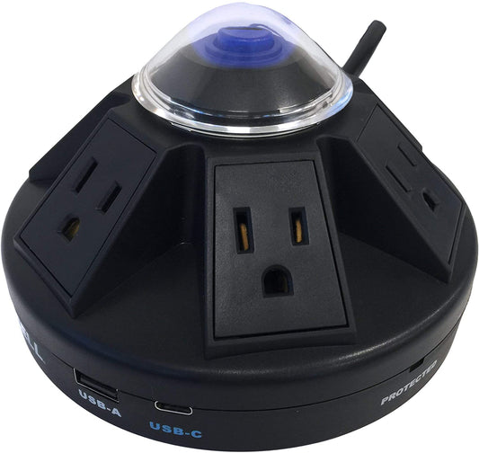 Accell Powramid USB-C Surge Protector - USB-C &amp; USB-A Charging Ports (3.4A), 6 Outlets, 6-Foot Cord, 1080 Joules, UL Certified - Black Grounded Extension Cord Power Strip Black Powramid C - Dealtargets.com