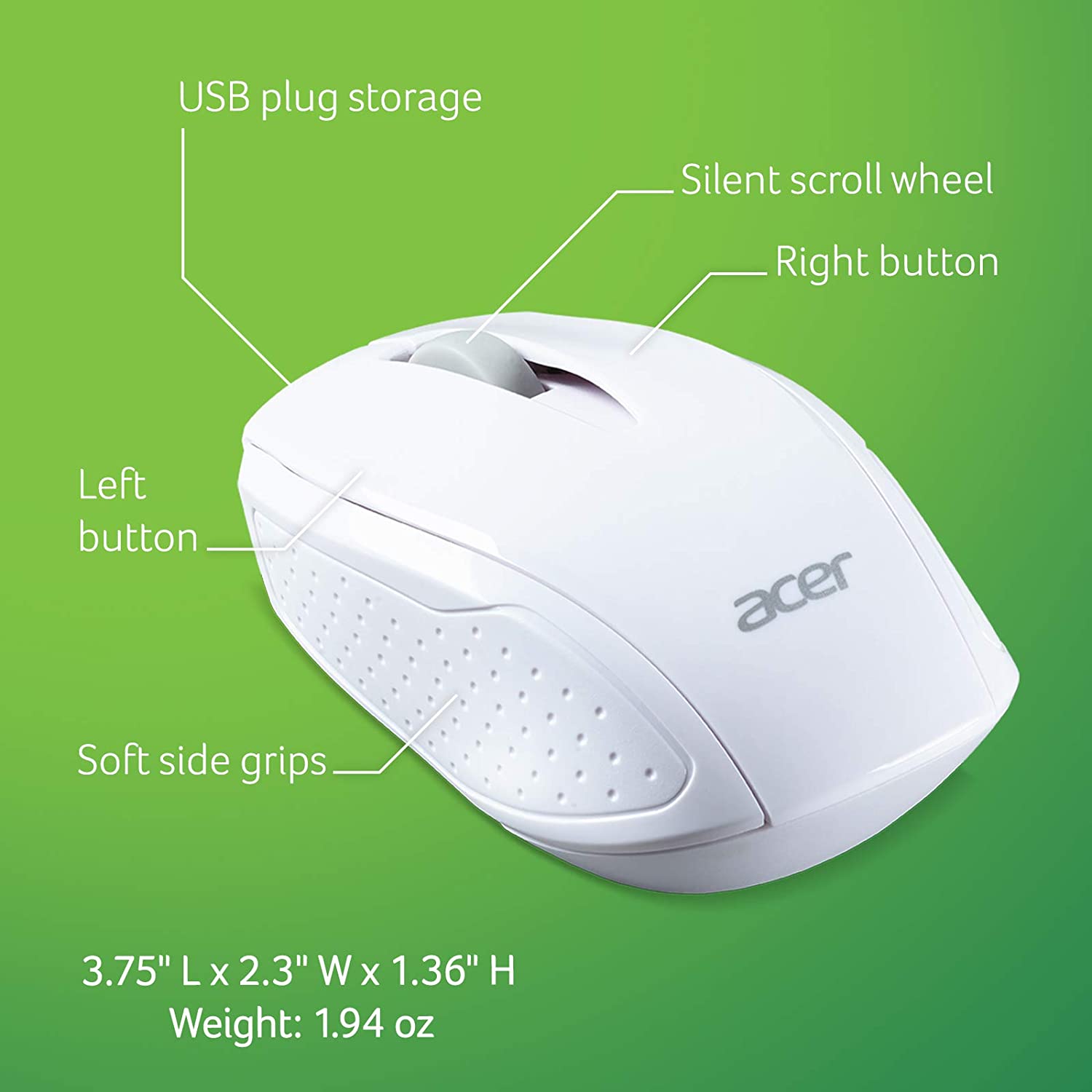Acer RF Wireless Mouse (White), Works with Chromebook, with USB Plug and Play for Right/Left Handed Users (for Chromebooks, Windows PC &amp; Mac) White Chromebook Mouse - Dealtargets.com
