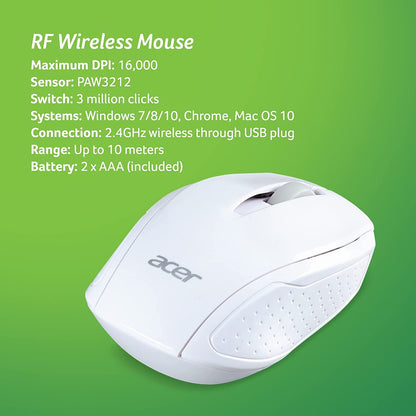 Acer RF Wireless Mouse (White), Works with Chromebook, with USB Plug and Play for Right/Left Handed Users (for Chromebooks, Windows PC &amp; Mac) White Chromebook Mouse - Dealtargets.com