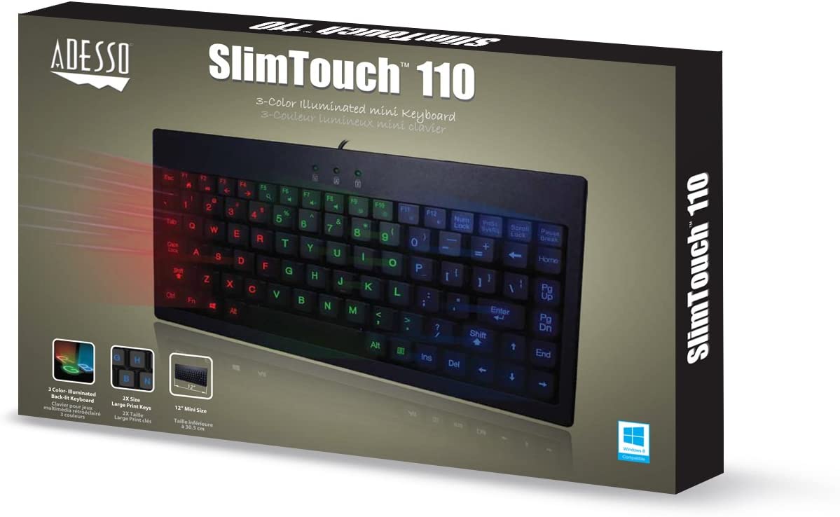Adesso AKB-110EB - SlimTouch 110 3-Color Illuminated Mini Keyboard, 12 inches, Black - Dealtargets.com
