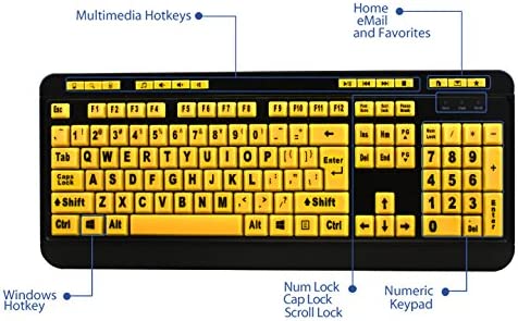 Adesso AKB-132UY - Luminous 4 X Large Print Multimedia Desktop USB Keyboard, Black Yellow - Dealtargets.com