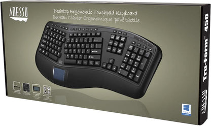 Adesso AKB-450UB - Ergonomic Keyboard with Built-in Touchpad, Wired, Multimedia Hotkeys, Split Keys Design, Built-in Palm Rest for Comfort - Compatible for PC &amp; Windows XP/7/8/10 - Dealtargets.com
