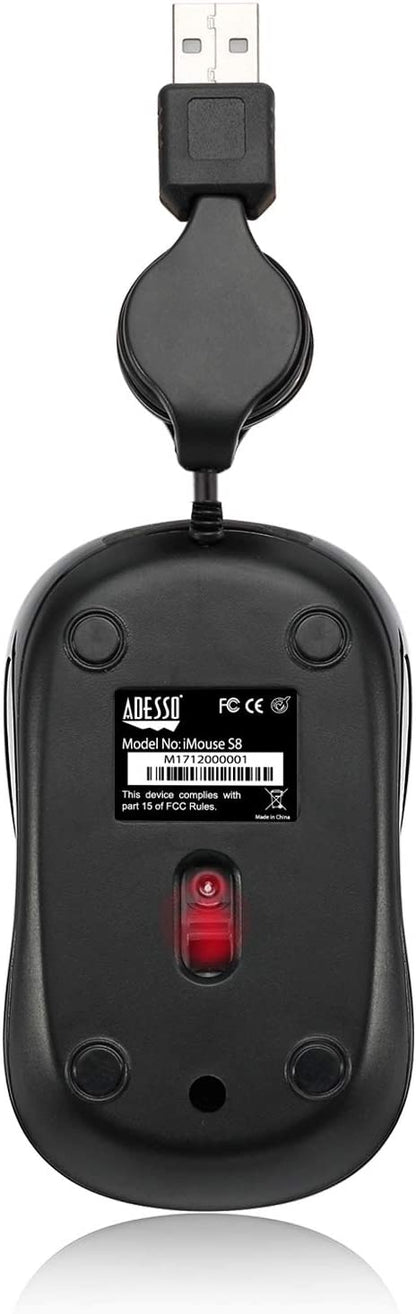 Adesso Ergonomic iMouse S8 - Retractable Optical USB Mouse (Black) - Dealtargets.com