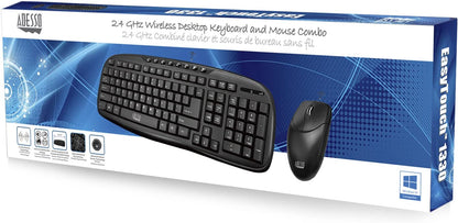 Adesso WKB-1330CB - Wireless Keyboard and Mouse Combo, Desktop Keyboard, Ambidextrous Mouse, Multimedia Hotkeys, Long Battery Life with USB Nano Receiver for Desktop/PC/Windows XP/7/8/10,Black - Dealtargets.com