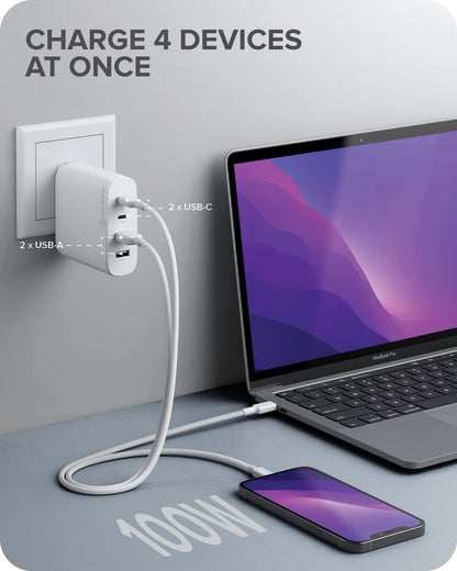 ALOGIC 100W 4-Port PD USB C Wall Charger with GaN Fast Tech, 2 USB-C, 2 USB-A, Dynamic Power Allocation, Power Delivery 3.0 Charger for MacBook, M1 Mac, XPS, iPad Pro, iPhone, Galaxy &amp; More - Dealtargets.com
