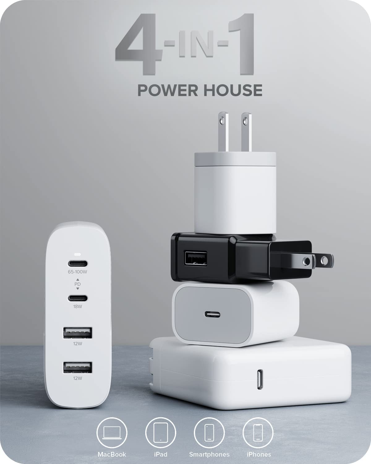 ALOGIC 100W 4-Port PD USB C Wall Charger with GaN Fast Tech, 2 USB-C, 2 USB-A, Dynamic Power Allocation, Power Delivery 3.0 Charger for MacBook, M1 Mac, XPS, iPad Pro, iPhone, Galaxy &amp; More - Dealtargets.com