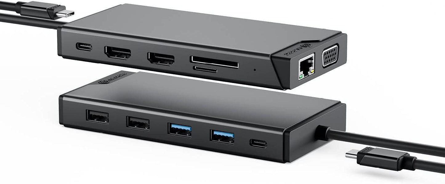 ALOGIC USB-C 12-in-1 Mini Docking Station, Dual Display, 2xHDMI, 1xVGA, 100W PD, 2xUSB-C, 2xUSB-A 2.0, 2xUSB-A 3.0, RJ45, 1x SD/TF Port, MacBook/Surface &amp; Other USB-C Devices Compatible. - Dealtargets.com