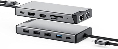 ALOGIC USB-C 12-in-1 Mini Docking Station, Triple Display, 2xHDMI, 1xVGA, 100W PD, 2xUSB-C, 3xUSB-A 2.0, 1xUSB-A 3.0, 1x SD/TF Port, RJ45, Plug &amp; Play, MacBook/Surface &amp; other USB-C devices compatible - Dealtargets.com