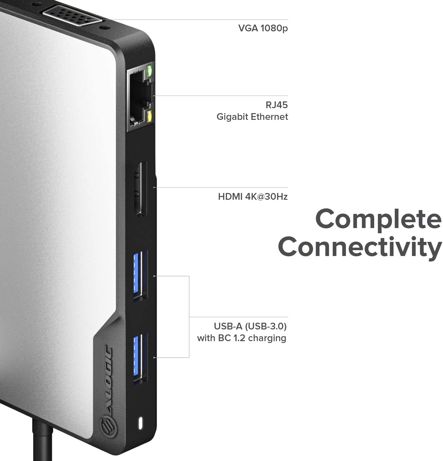 ALOGIC USB-C Fusion Max Hub, 6-in-1 Type C Adapter, 4K HDMI, VGA, USB A 3.1 with 100W Power Delivery, USB A 3.1, Gigabit Ethernet, Compatible with MacBook Pro/Air and iPad Pro/Air - Dealtargets.com