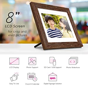 Aluratek 8” Distressed Wood Digital Photo Frame, Auto Slideshow, USB/SD/SDHC Supported, Built-in Clock &amp; Calendar, Easy Setup 8" Wood Border Non-Wifi - Dealtargets.com