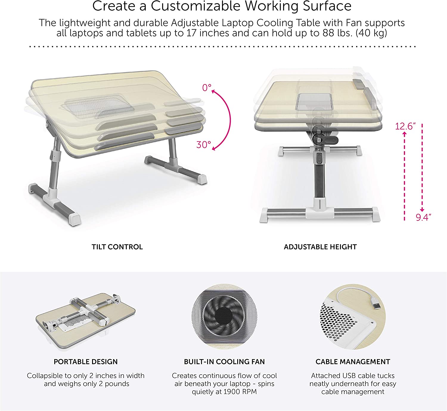 Aluratek (ACT01F) Adjustable, Foldable, Ergonomic, Laptop Cooling Table with Cooling Fan (Standing Desk, Sofa/Couch Tray, Floor) - Dealtargets.com