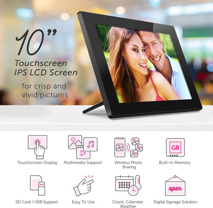 Aluratek (AWDMPF110F) 10" Hi-Res WIFI Digital Photo Frame w/ Touchscreen IPS LCD Display &amp; 8GB Memory (1024 x 600 Resolution), Photo/Music/Video Support, Wall Mountable, Black 10" Black - Dealtargets.com