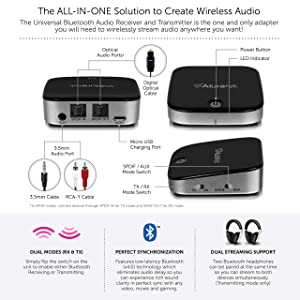 Aluratek Bluetooth Optical Audio Receiver and Transmitter, Dual Streaming Support, Transmits Up to 33 Feet Away, Up to 15 Hours on a Full Charge ABC02F - Dealtargets.com