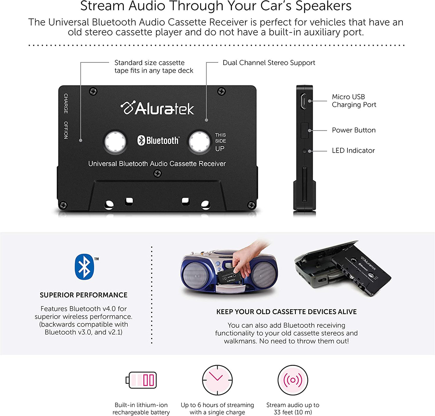 Aluratek Universal Bluetooth Audio Cassette Receiver, Built-in Rechargeable Battery, Up to 8 Hours Playtime, Audio Receiving up to 33 Feet - Dealtargets.com